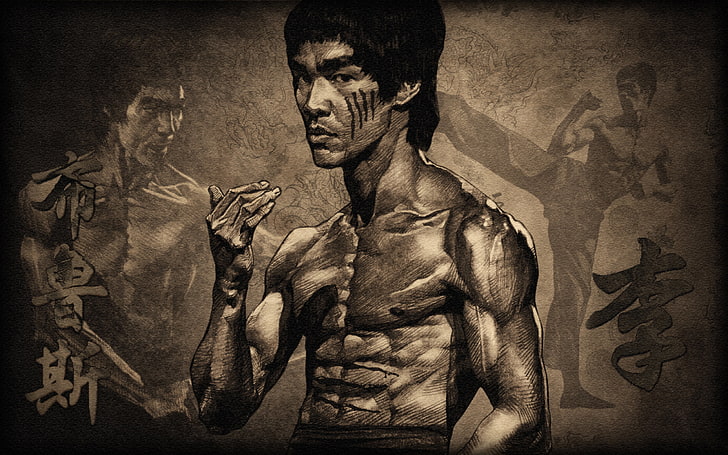 Bruce Lee clip art, actor, male, torso, stand, muscles, Bruce Lee, brucee lee, HD wallpaper