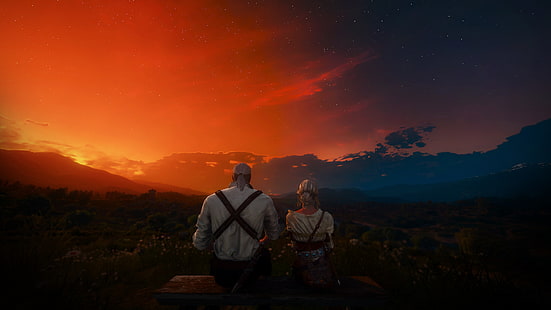 The Witcher, The Witcher 3: Wild Hunt, Ciri (The Witcher), Geralt of Rivia, Landscape, Sunset, HD wallpaper HD wallpaper