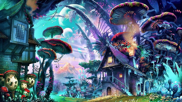 seni, jamur, jamur, rumah jamur, pohon, seni psikedelik, grafis, dunia fantasi, seni fantasi, seni trippy, lanskap fantasi, melamun, imajinasi, Wallpaper HD