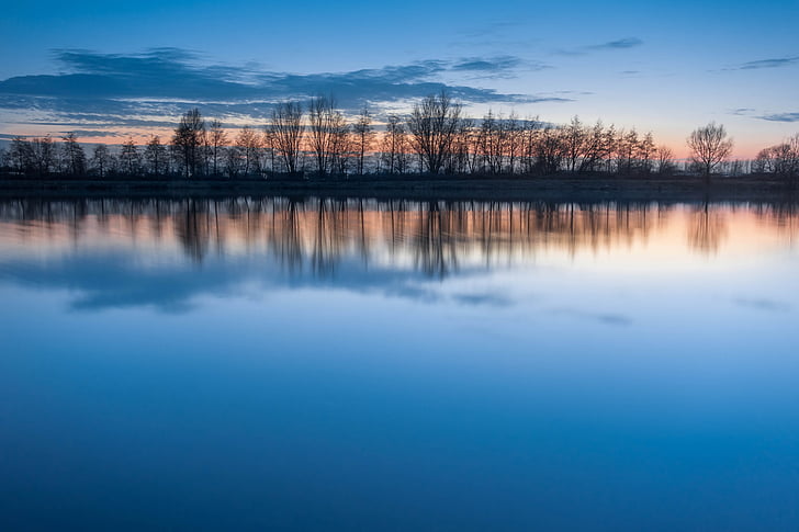 blue, clouds, evening, lake, quiet, reflection, row, sky, sunset, trees, water, HD wallpaper