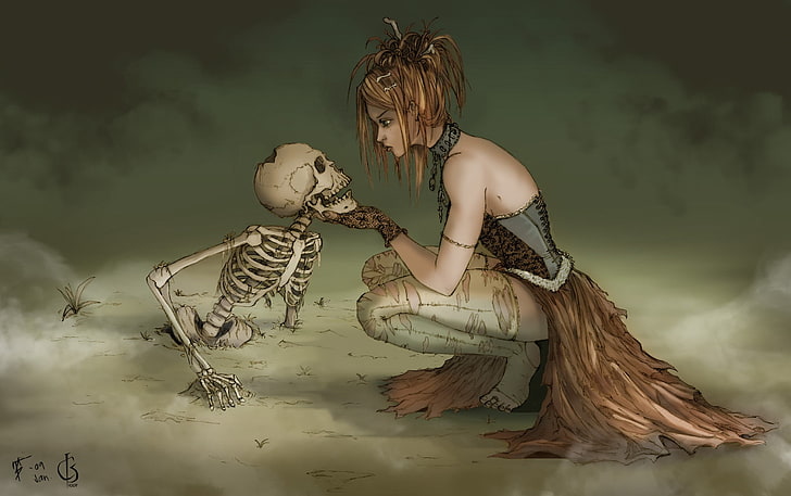 kobieta ubrana w szarą sukienkę halterneck mówi do ilustracji szkieletu, sztuki fantasy, dzieła sztuki, czarownicy, śmierci, szkieletu, Tapety HD