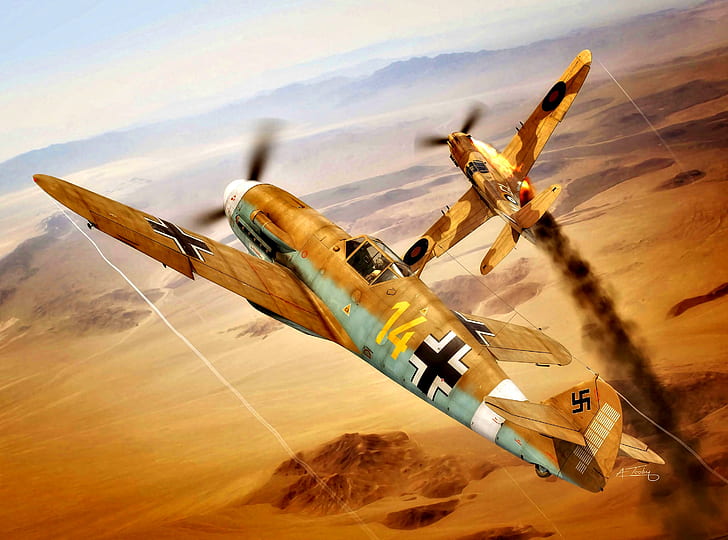 Smoke, Desert, The second World war, North Africa, P-40 Tomahawk, Bf.109F-4/trop, I./JG27, 