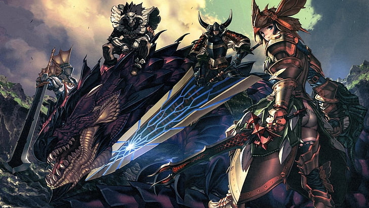 personagens do jogo vestindo armaduras e dragão preto, Monster Hunter, Rathalos, videogames, HD papel de parede