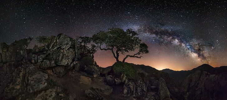 natur, landschaft, berge, bäume, sternenklare nacht, milchstraße, galaxie, lichter, langzeitbelichtung, HD-Hintergrundbild