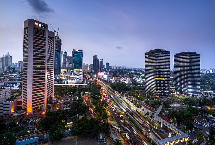 المدن ، جاكرتا ، المبنى ، المساء ، إندونيسيا ، الضوء ، ناطحة السحاب، خلفية HD
