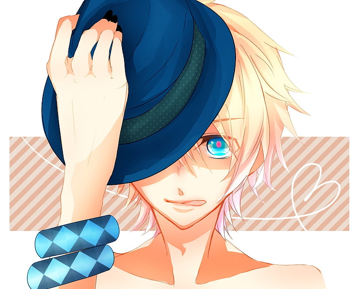 boy character holding blue hat illustration, guy, blond, hair, hat, model, manicure, HD wallpaper