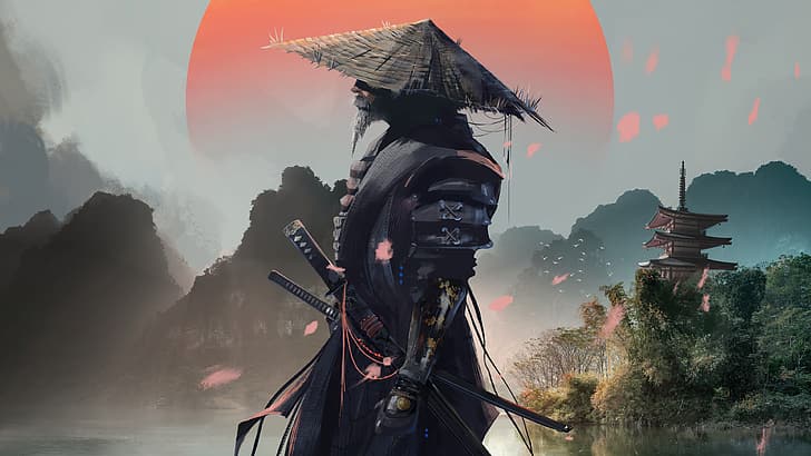 samurai, sword, katana, Japanese, digital art, Sun, clouds, mountains, HD wallpaper