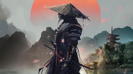  samurai, sword, katana, Japanese, digital art, Sun, clouds, mountains, HD wallpaper HD wallpaper