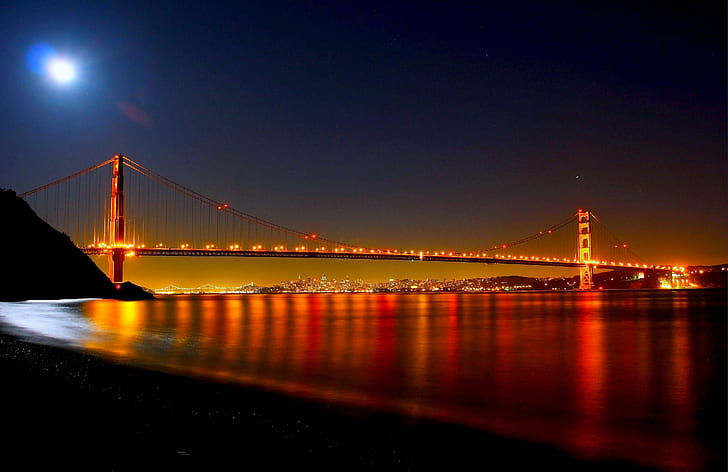 Bridge Under Moon Light, beach, lights, bridge, moon, golden gate, night, nature and landscapes, HD wallpaper