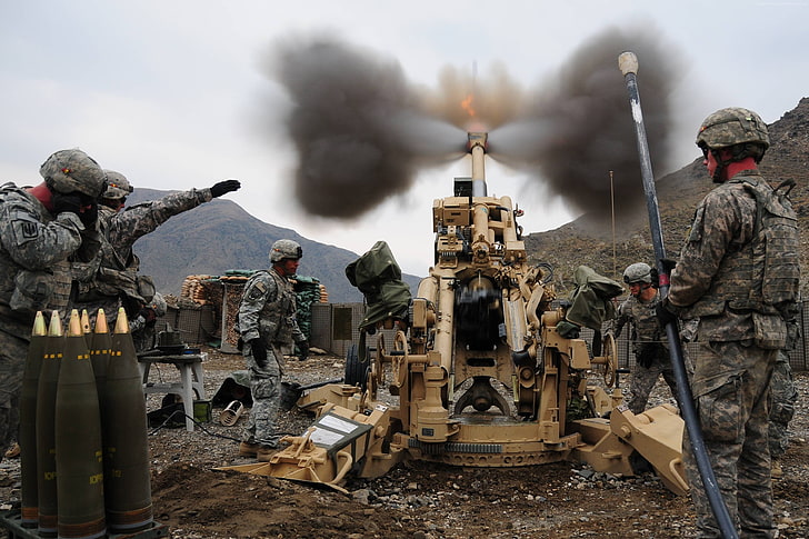 U.S. Army, mountain, M777, artillery, soldier, howitzer, firing, M777A2, HD wallpaper