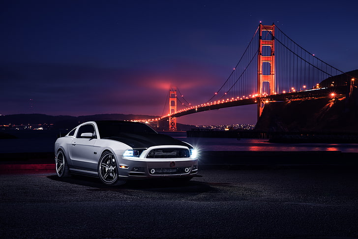 Mustang, Ford, Muscle, Car, Front, Bridge, White, Collection, Aristo, Top, Nigth, HD wallpaper