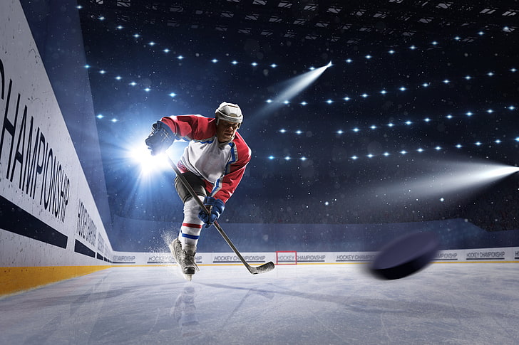 мъжка бяла и червена риза за хокей на лед, светлина, спорт, лед, ръкавици, каска, спортист, мъжки, тояга, хокей, шайба, униформа, стадион, прожектор, хокеист, кънки, хвърляне, HD тапет