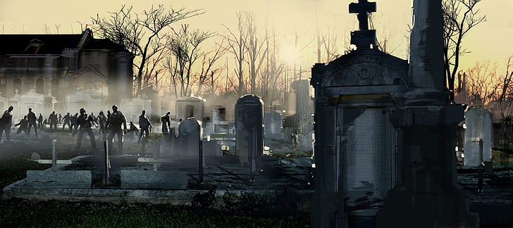 zombies på kyrkogård tapeter, natt, zombies, kyrkogård, lämnade 4 döda 2, HD tapet