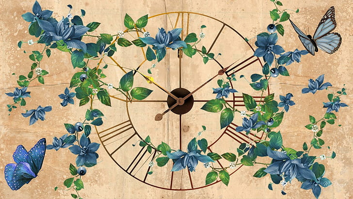 Horloge Blues Time, fleur bleue et verte, personnage Firefox, résumé, horloge, temps, heure d'été, papillons, fleurs bleues, parchemin, Fond d'écran HD