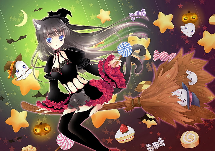 gray haired female anime character wallpaper, girl, broom, flying, holiday, witch, cat, HD wallpaper