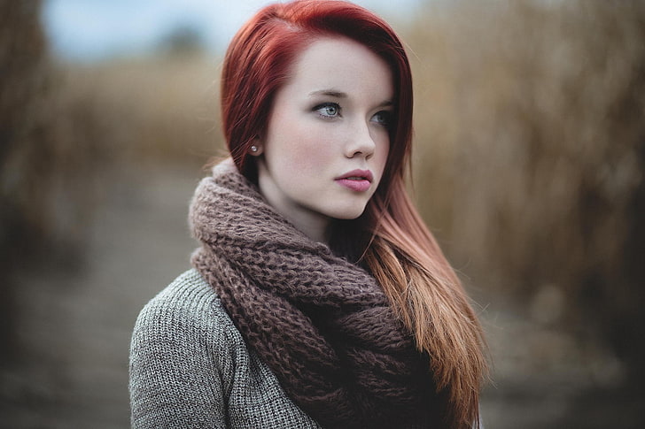 closeup photo of a woman wearing brown shawl and gray knit sweater, redhead, model, fashion, scarf, face, women, women outdoors, looking into the distance, long hair, HD wallpaper