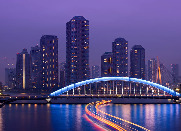 el cielo, noche, puente, luces, río, rascacielos, extracto, Japón, luz de fondo, Tokio, megapolis, capital, lila, Fondo de pantalla HD