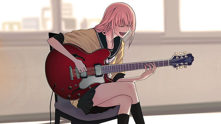 женская играющая на гитаре иллюстрация, вокалоид, музыка, Megurine Luka, аниме девушки, гитара, аниме, HD обои
