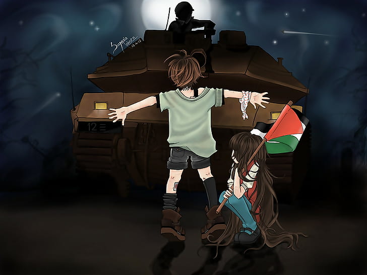 Caricatura, crianças, bandeira, palestina, tanque, HD papel de parede