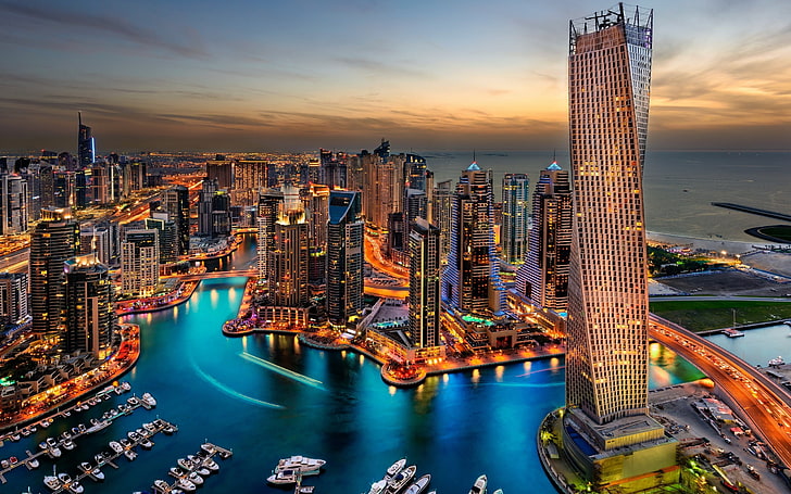 tapeta cyfrowa z pejzażem miejskim, pejzaż miejski, Dubaj, światła miasta, miasto, łódź, port, drapacze chmur, zachód słońca, Tapety HD