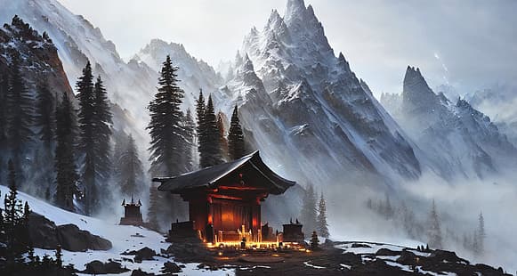 Sztuka AI, generowana przez AI, stabilna dyfuzja, śnieg, góry, świątynia, drzewa, świece, krajobraz, mgła, Tapety HD HD wallpaper