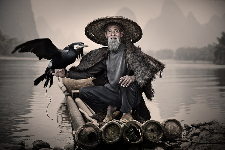 Фотоконкурс на National Geographic Traveler, Li-River, рибарско селище, Xingping, Китай, птица, корморан, HD тапет