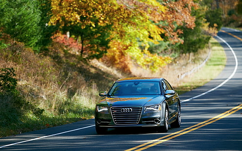 Audi, S8, кола, седан, черен автомобил на Audi, Audi, S8, автомобили, седан, отпред, път, дървета, улица, HD тапет HD wallpaper