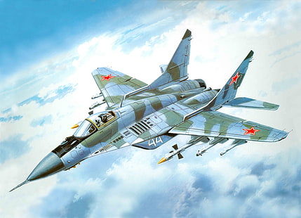 灰色と緑の戦闘機、飛行機、戦闘機、アート、MiG、BBC、世代、OKB、ロシア、多目的、MiG-29、The MiG-29、ソビエト、開発、第4、ロシア。、 HDデスクトップの壁紙 HD wallpaper