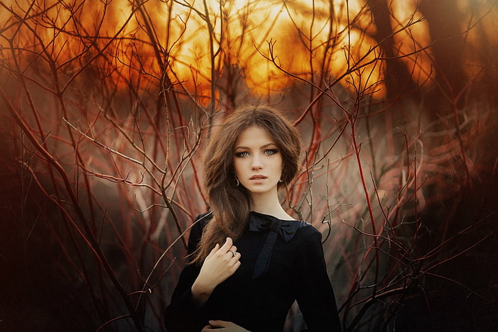 model, Ksenia Malinina, Sergey Piltnik, black dress, brunette, women, HD wallpaper