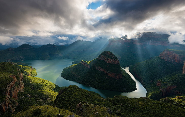 vattendrag mellan berg, landskap, natur, kanjon, flod, Sydafrika, solstrålar, moln, berg, buskar, morgon, HD tapet