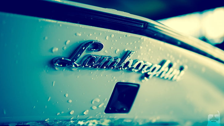 emblème Lamborghini chrome, Lamborghini, logo, gouttes d'eau, voiture, véhicule, Fond d'écran HD