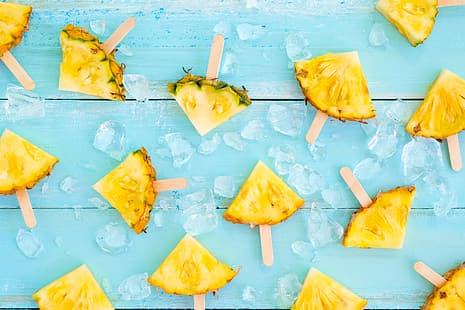  fruit, ice, summer, pineapple, wood, slices, slice, HD wallpaper HD wallpaper