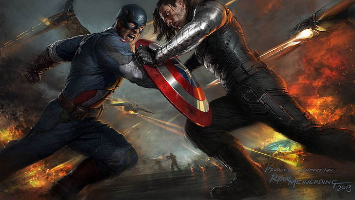 Илюстрация на Капитан Америка и Зимен войник, Капитан Америка: Зимният войник, Капитан Америка, Комикси на Marvel, филми, концептуално изкуство, Бъки Барнс, бой, HD тапет
