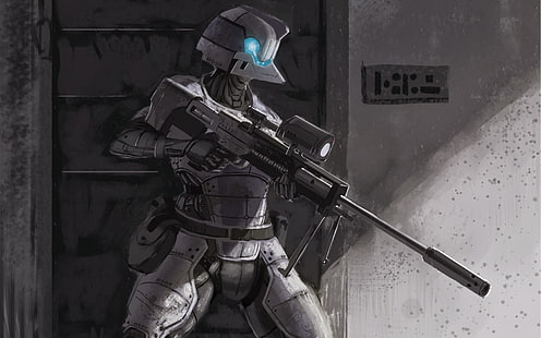 човек, който държи снайперска илюстрация, робот, снайперска пушка, футуристичен, научна фантастика, HD тапет HD wallpaper