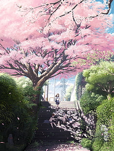 ilustração de flor de cerejeira, personagens originais, cerejeiras, árvores, pétalas de flores, grama, colegial, uniforme escolar, gato, fita, meninas anime, escadas, exibição de retrato, HD papel de parede HD wallpaper