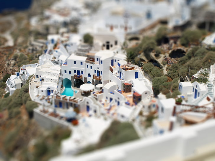 Santorini, model skala Yunani, pergeseran kemiringan, bangunan, model Arsitektur, Wallpaper HD