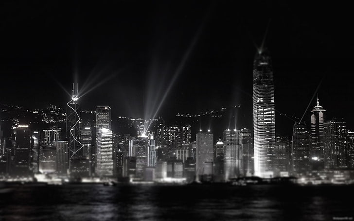 black and white building painting, monochrome, cityscape, Hong Kong, night, HD wallpaper