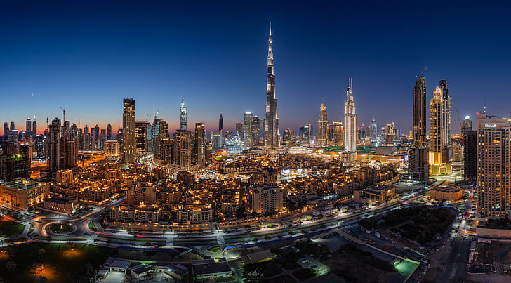 Kota, Dubai, Bangunan, Kota, Cahaya, Malam, Pencakar Langit, Uni Emirat Arab, Wallpaper HD