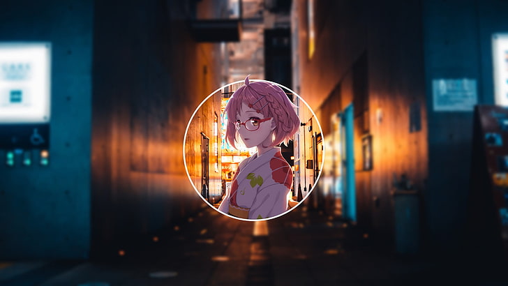 rosa behaarte weibliche Zeichentrickfigur, Anime, verschwommen, Bild-in-Bild, HD-Hintergrundbild