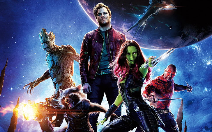 Movie, Guardians of the Galaxy, Chris Pratt, Dave Bautista, Drax The Destroyer, Gamora, Groot, Peter Quill, Rocket Raccoon, Zoe Saldana, HD wallpaper