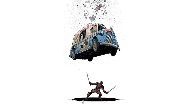 серый и синий грузовик, Дэдпул, комиксы, мороженое, комиксы Marvel, HD обои