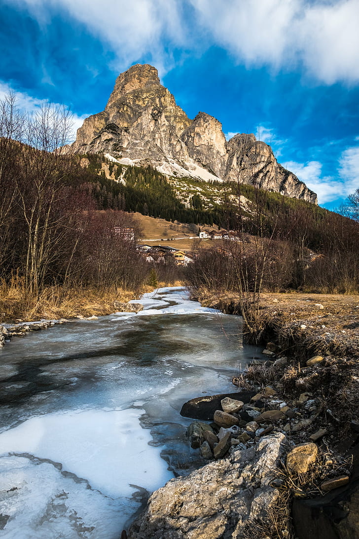 brown mountain and river, corvara, alta badia, corvara, alta badia, Corvara, Alta Badia, Landscape photography, brown mountain, river, dolomiti, natural, calm, peaceful, nature, water, italy, italia, orange, snow, trees, trentino, depth, photography, stone, sky, rocks, wood, geotagged, landscapes, photo, tranquil, canvas  prints, landscape, winter, grass, scenic, european, mountains, fine art, outdoor, vacation, outdoors, clouds, blue sky, tree, dolomites, scenery, travel, forest, morning, print, green, europe, photograph, mountain, scenics, summer, beauty In Nature, HD wallpaper