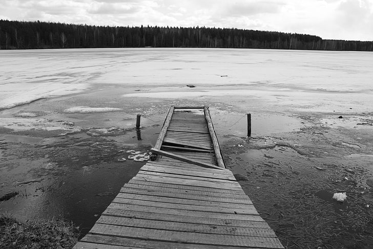 Ice, Bridge, Boards, Break, Cold, Pier, Lake, Black-and-white, HD wallpaper