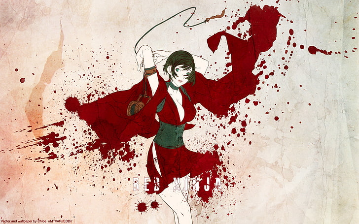 Kırmızı Ninja, kan, anime kızlar, büyük göğüsler, anime, HD masaüstü duvar kağıdı