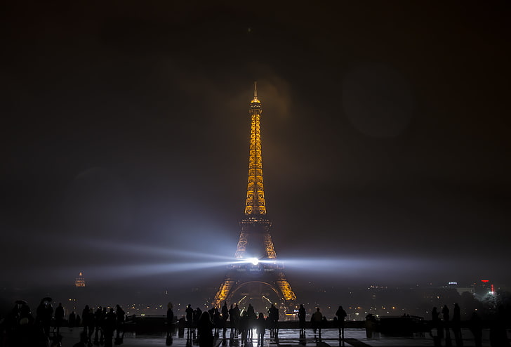 Eiffel Tower, Paris, Paris, Eiffel Tower, night, spotlights, France, dark, lights, cityscape, HD wallpaper