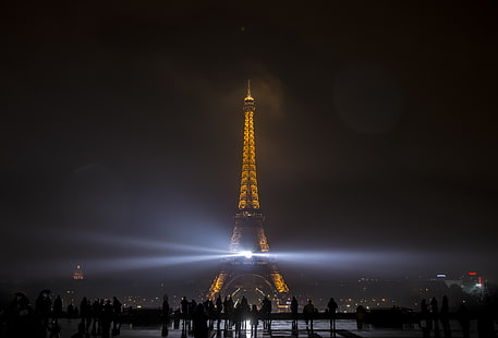 Eiffeltornet, Paris, Paris, Eiffeltornet, natt, strålkastare, Frankrike, mörker, ljus, stadsbild, HD tapet HD wallpaper