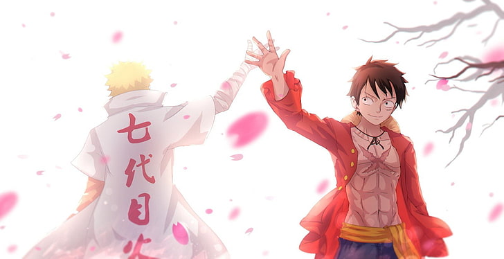 1600x822 px anime Cherry Blossom Monkey D. Luffy One Piece Uzumaki Naruto Space Outer Space HD Art , anime, cherry blossom, one piece, Uzumaki Naruto, 1600x822 px, Monkey D. Luffy, HD wallpaper