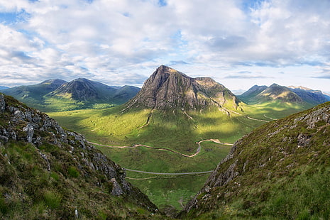aerial view photography of mountains, highlands, highlands, Highlands, Scotland, aerial view, photography, mountains, Buachaille Etive Mor, Glencoe, mountain, nature, landscape, outdoors, scenics, summer, grass, hiking, mountain Peak, HD wallpaper HD wallpaper