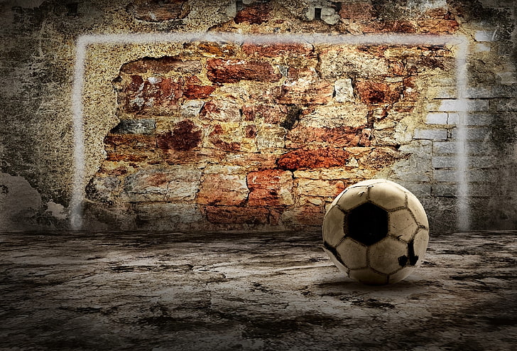 бяла и черна футболна топка, спорт, футбол, цел, стена, тухли, HD тапет