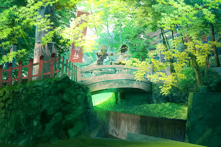 二人のアニメキャラクターの壁紙、アニメ、自然、橋、 HDデスクトップの壁紙